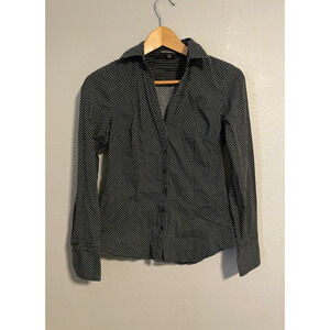 Vintage Express Womens Top Size XS Black Polka Dot Button Up Stretch Grunge Y2K